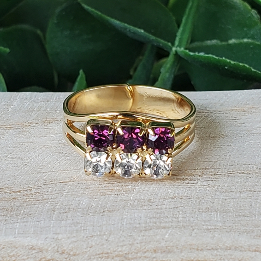 Unsigned Yellow Gold Tone Purple & White Rhinestones Adjustable Ring - Size 7